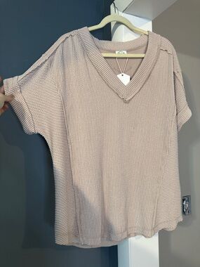 V-Neck Short Sleeve Waffle Knit Top - Blush